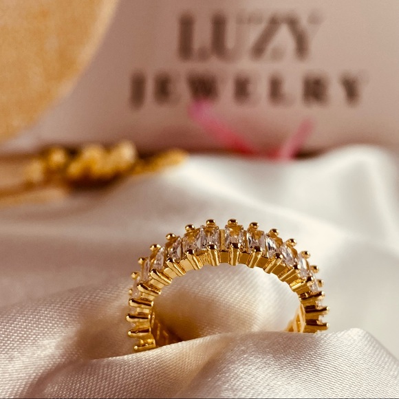 18K Iced Yellow Gold Diamond CZ Baguette Cut Open Ring Design - Picture 10 of 14